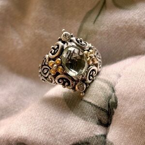 Intricate Sterling Barbara Bixby Green Prasiolite 18k Gold Flower Ring Size 8